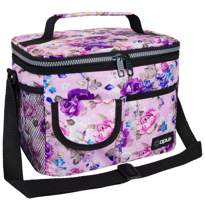 opux Insulated Lunch Bag for Men Women, Leakproof Floral Purple Lunch Box for Work, Portable Soft Lunch Cooler Bag with Shoulder Strap, Adult Lunchbox Lunch Pail for Kid Boy Girl School, 14 Can/8L - Image 1